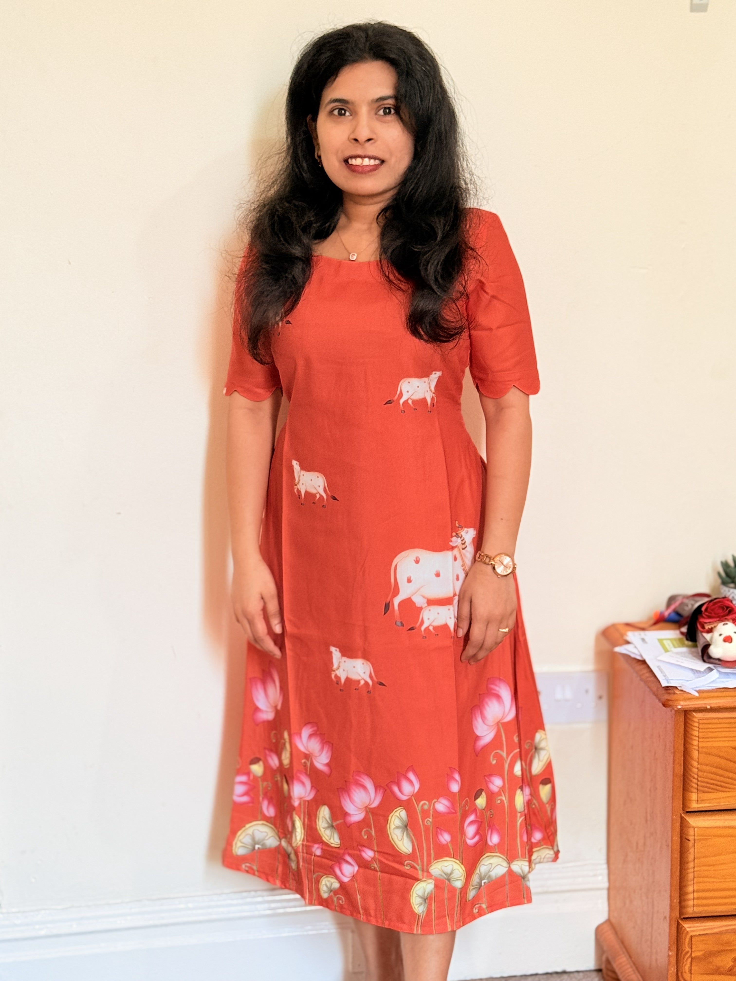 Orange Lotus Print Midi Dress with Pocket