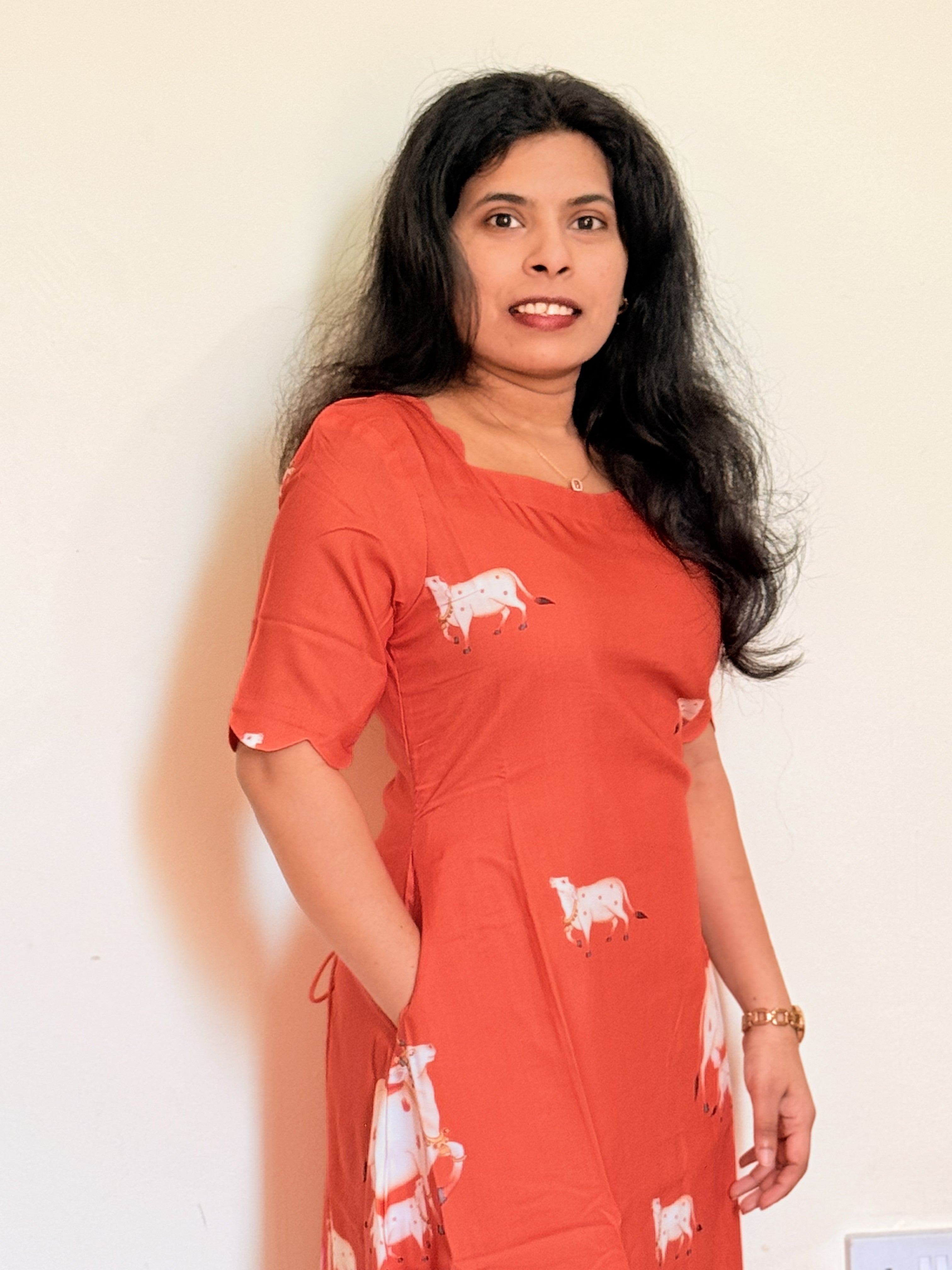 Orange Lotus Print Midi Dress with Pocket