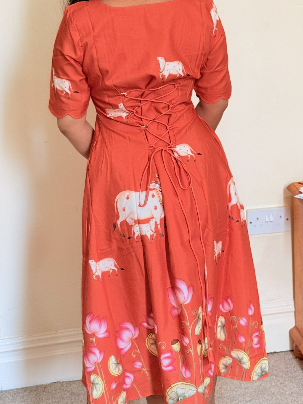 Orange Lotus Print Midi Dress with Pocket