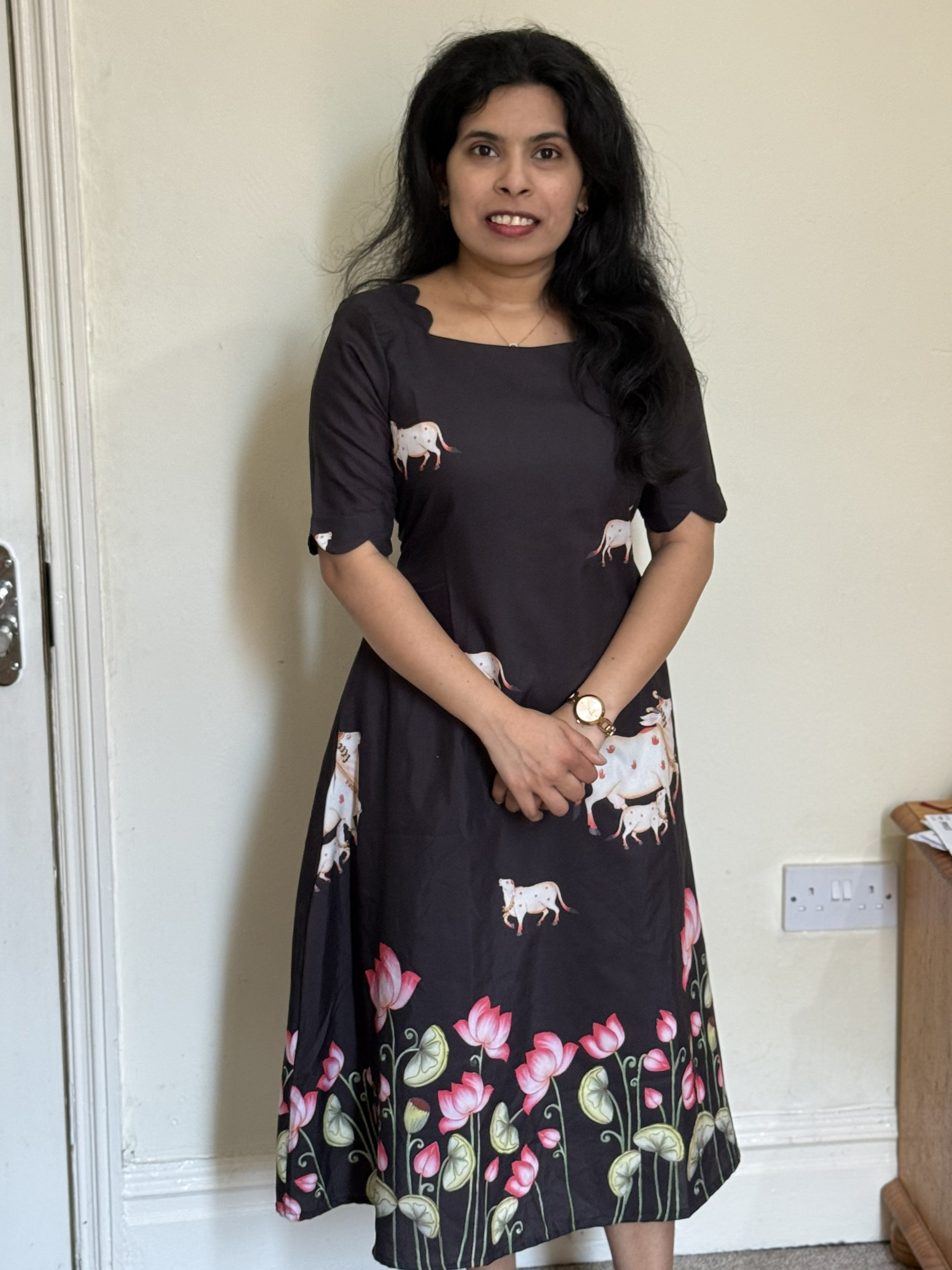 Black Lotus Print Midi Dress with Pocket