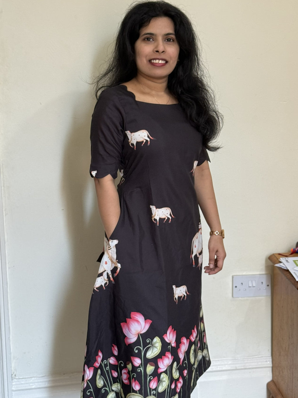 Black Lotus Print Midi Dress with Pocket