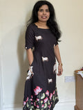 Black Lotus Print Midi Dress with Pocket