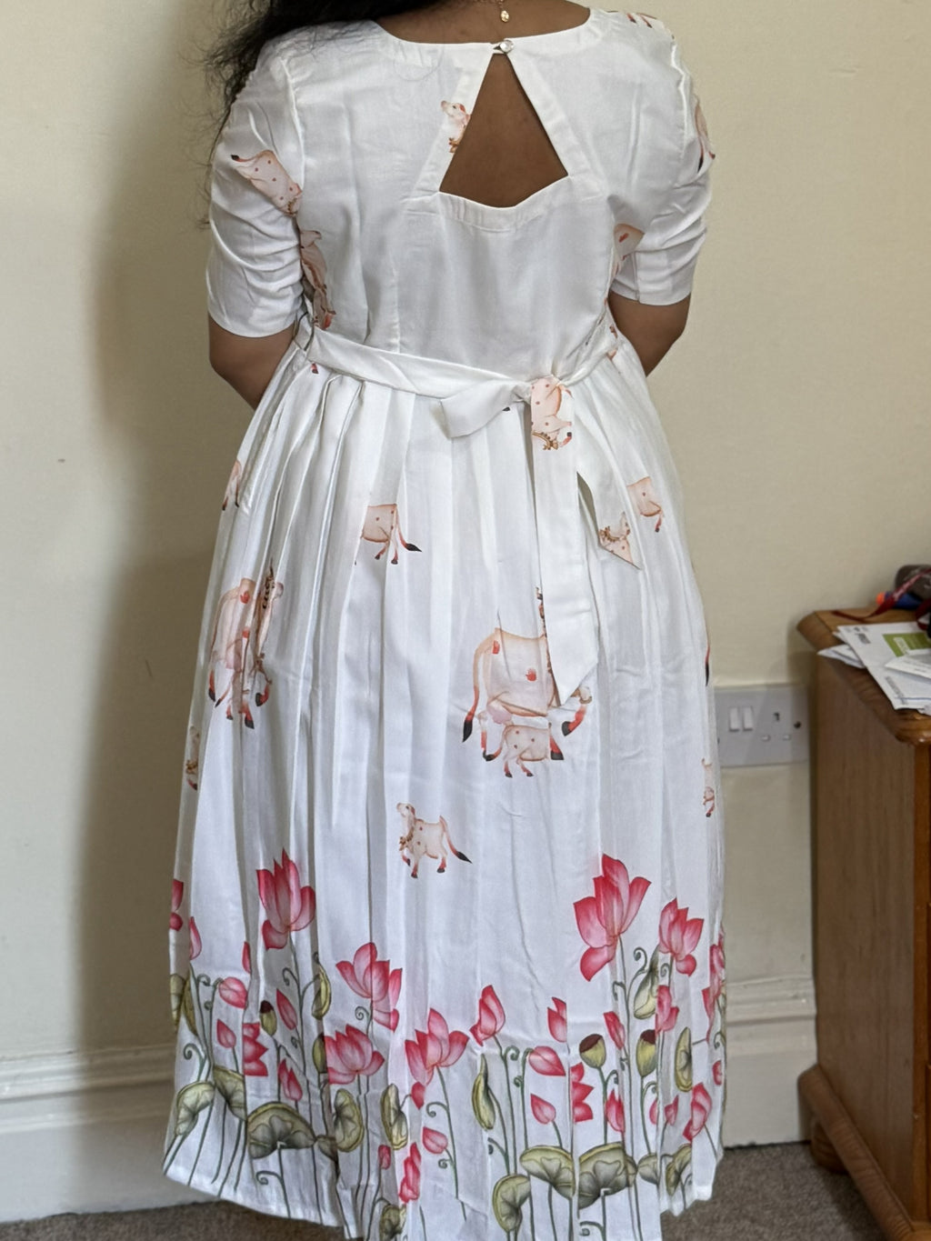 White Lotus Print Midi Dress with Pocket