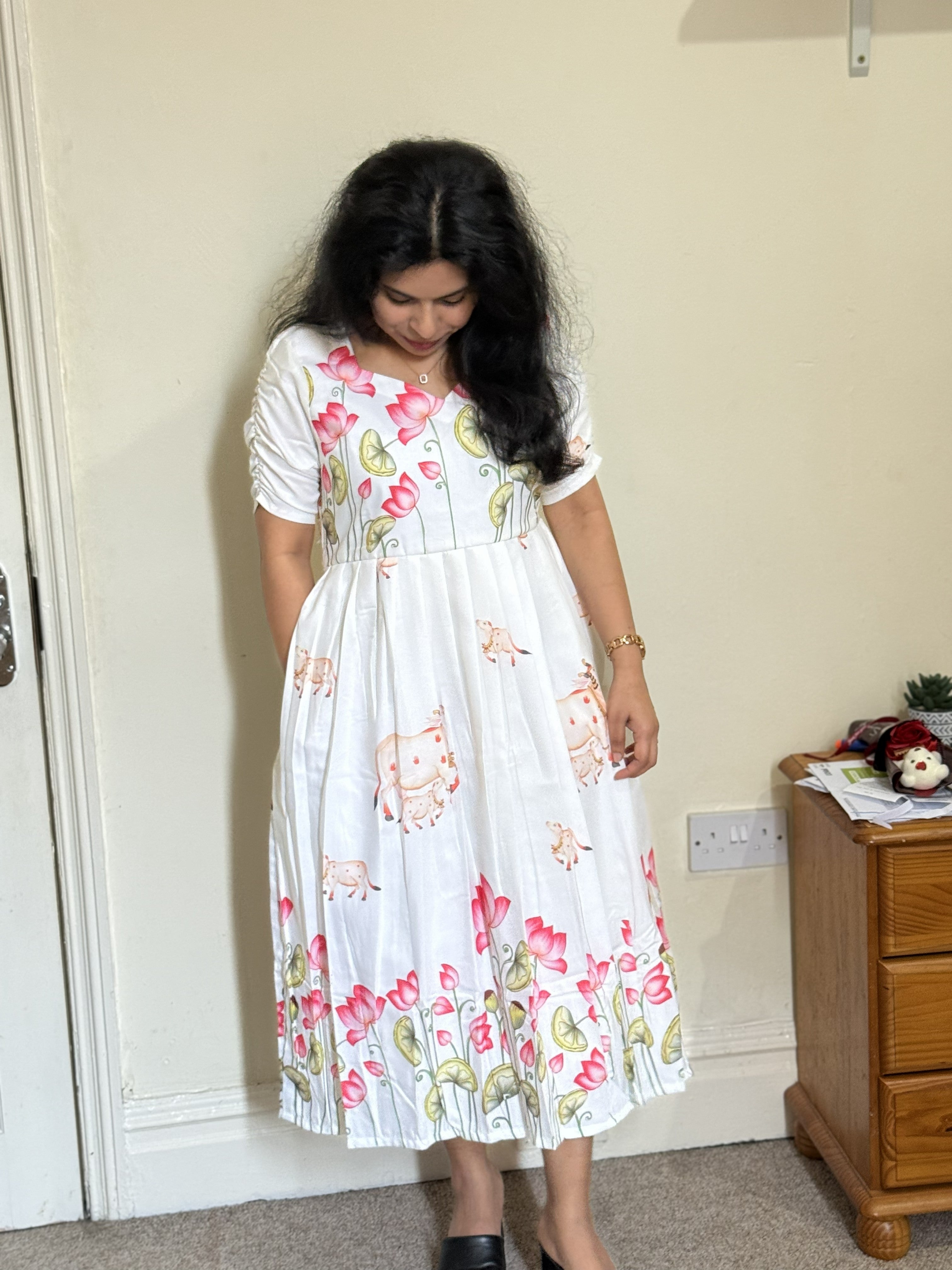 White Lotus Print Midi Dress with Pocket