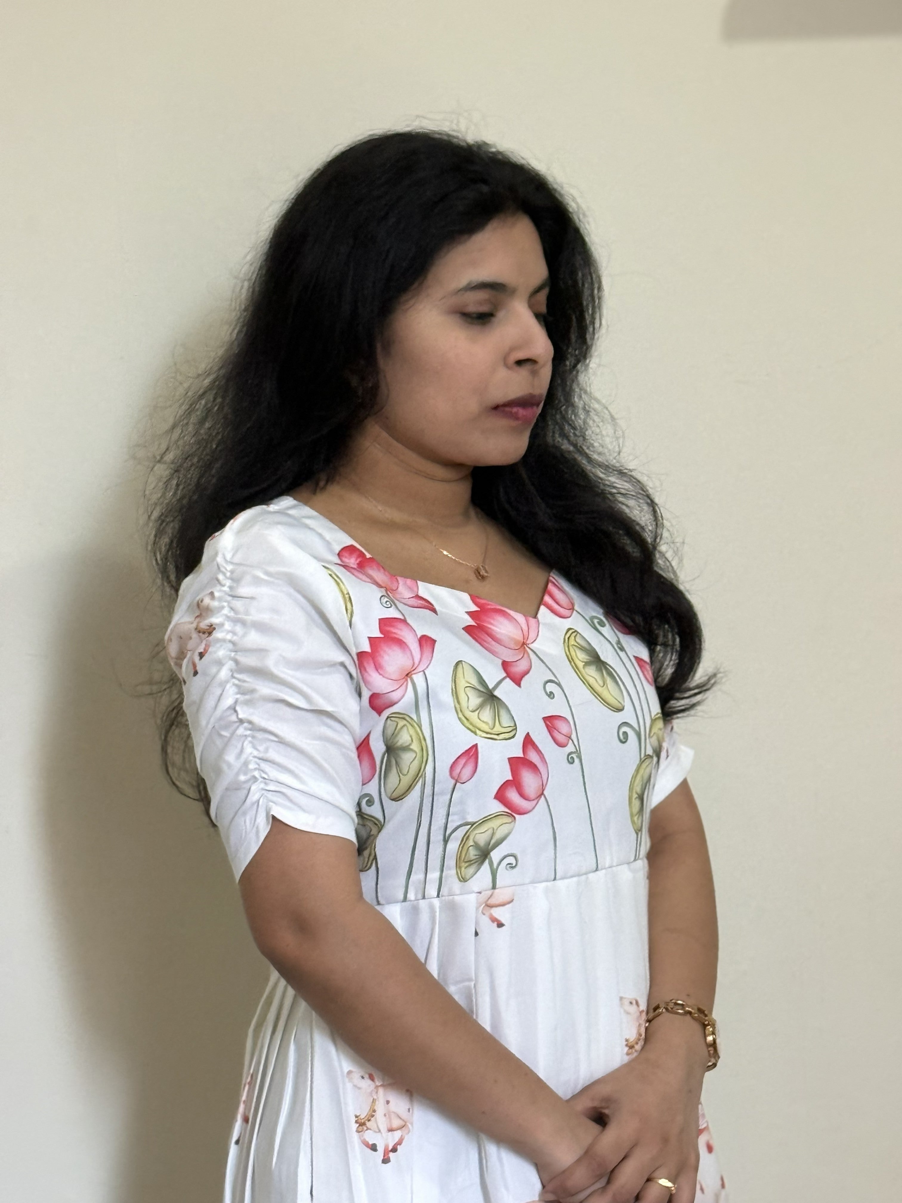 White Lotus Print Midi Dress with Pocket