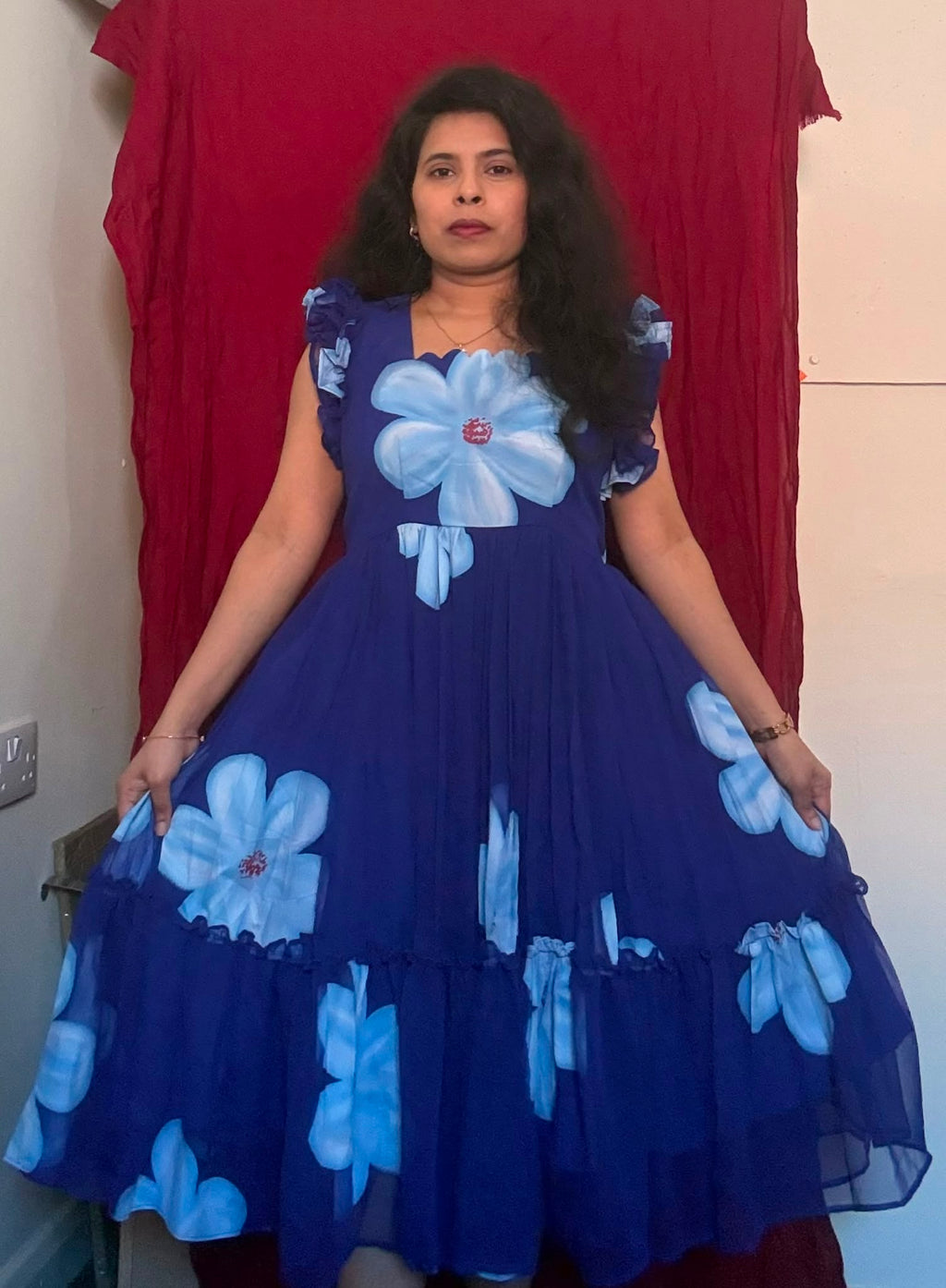 Royal Blue Hand Brush Print Maxi Dress