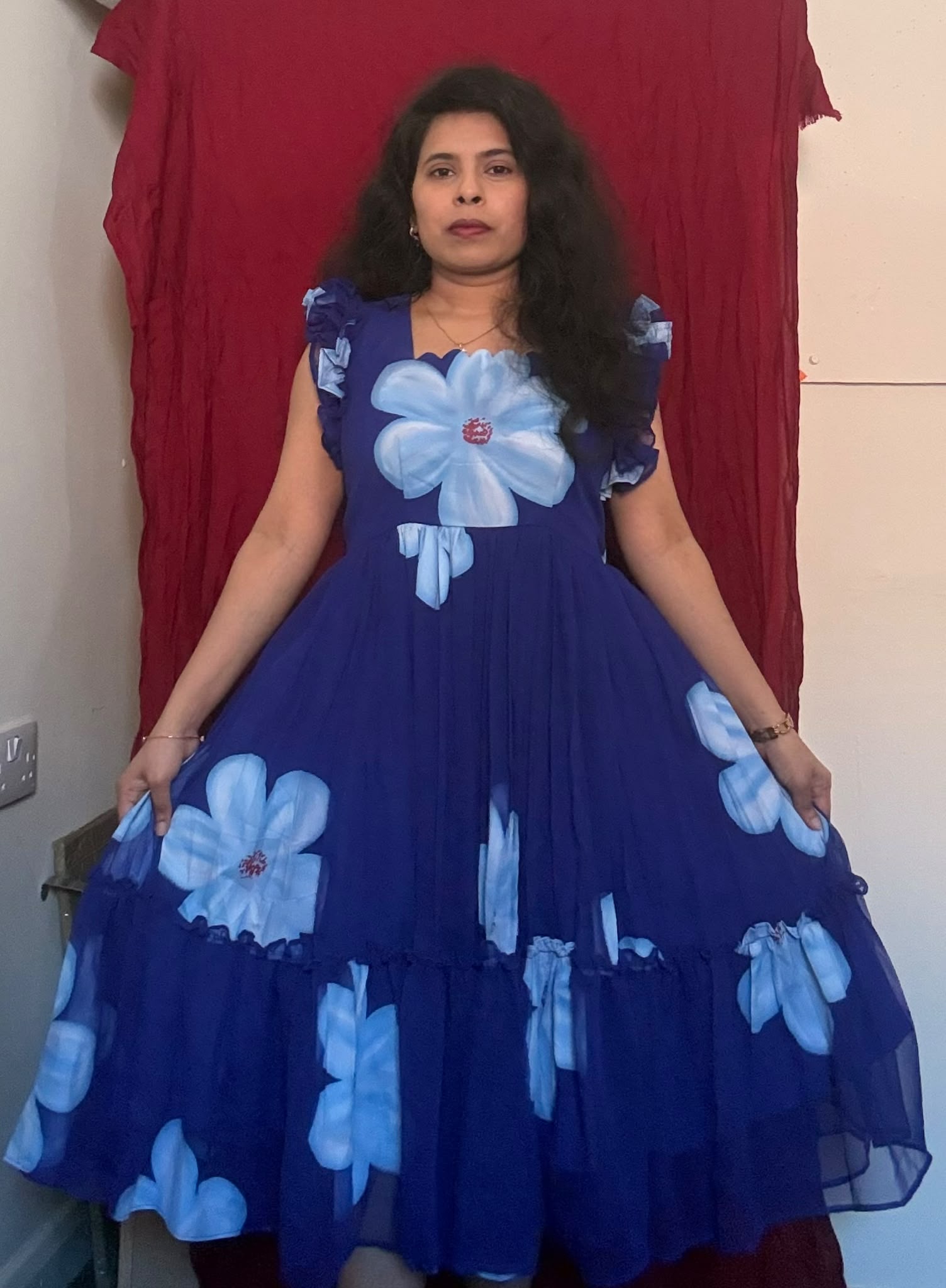 Royal Blue Hand Brush Print Maxi Dress