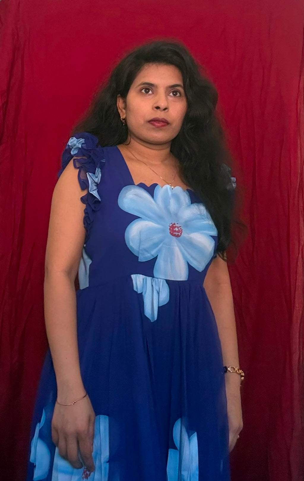 Royal Blue Hand Brush Print Maxi Dress