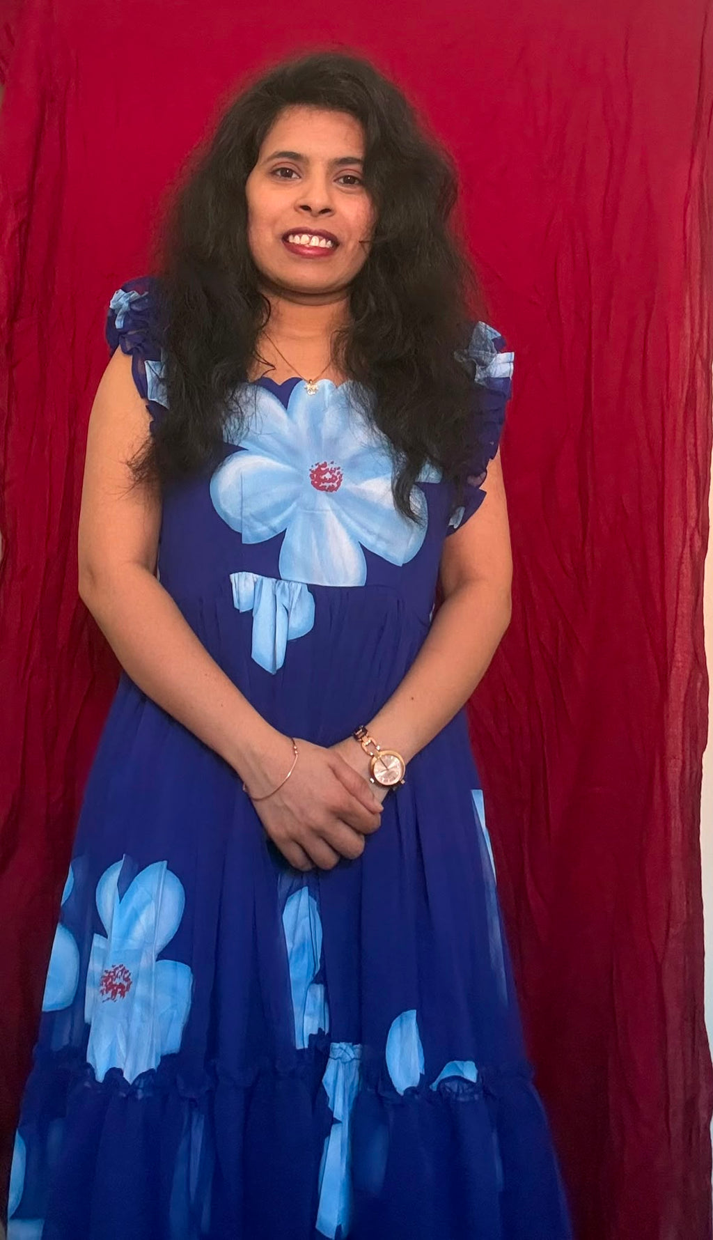 Royal Blue Hand Brush Print Maxi Dress